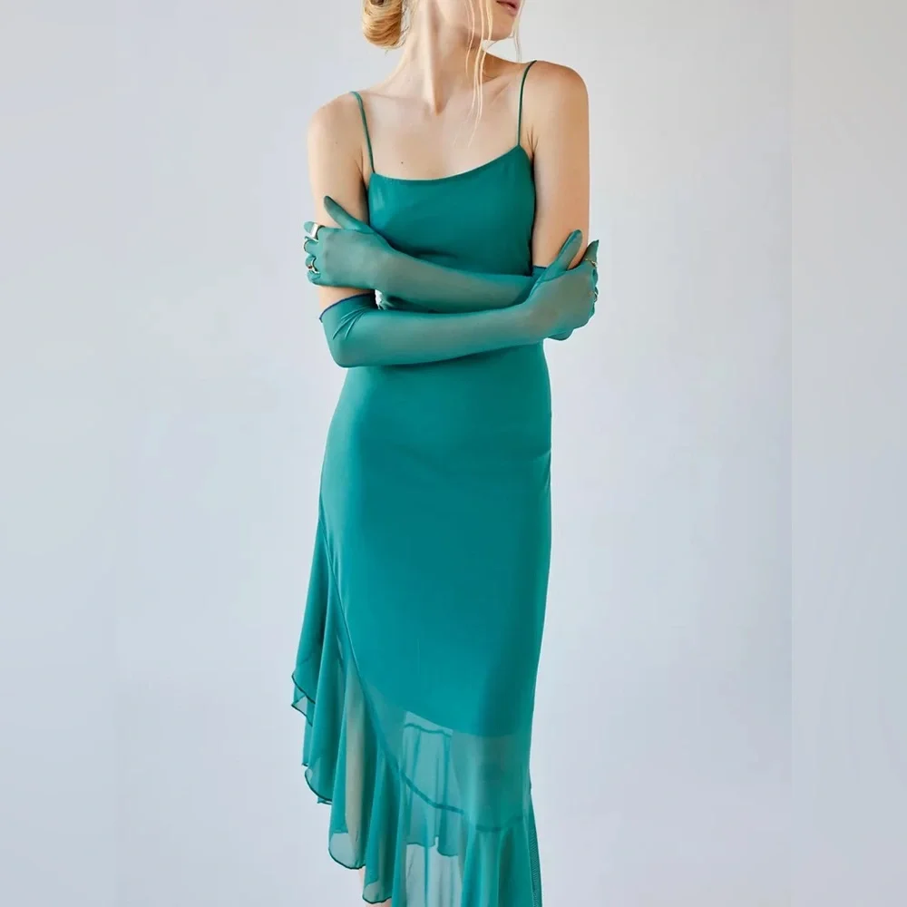 {NWT} Urban Outfitters | Glamour Girl Mesh Overlay Midi Dress Teal Green/Blue S - Picture 16 of 16